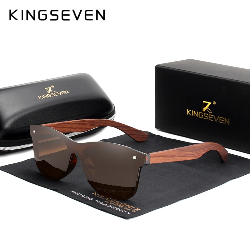 Kingseven naturliga trä solglasögon män polariserade solglasögon original trä oculos de sol masculino: Brunt bubingaträ