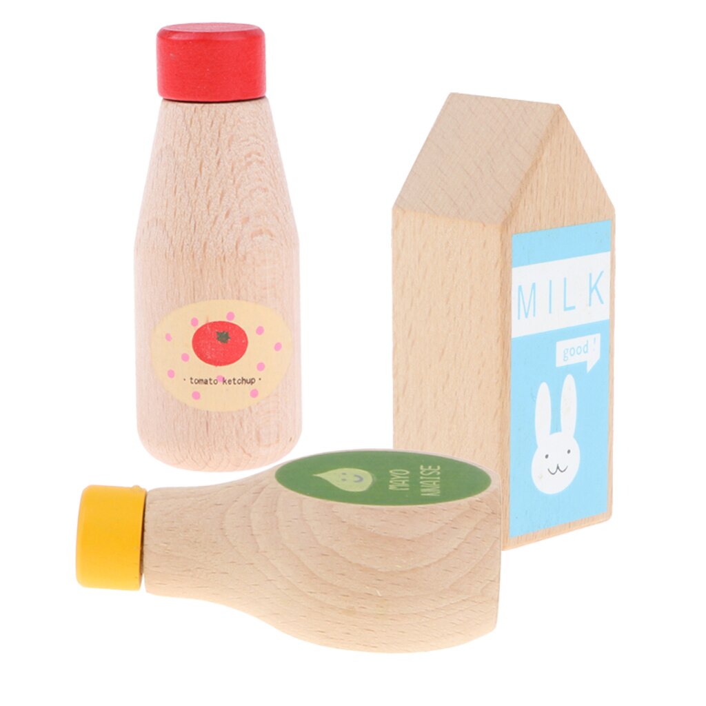 3Piece Childrens Wooden Condiments Bottle Play Food Kitchen Pretend Game Toy