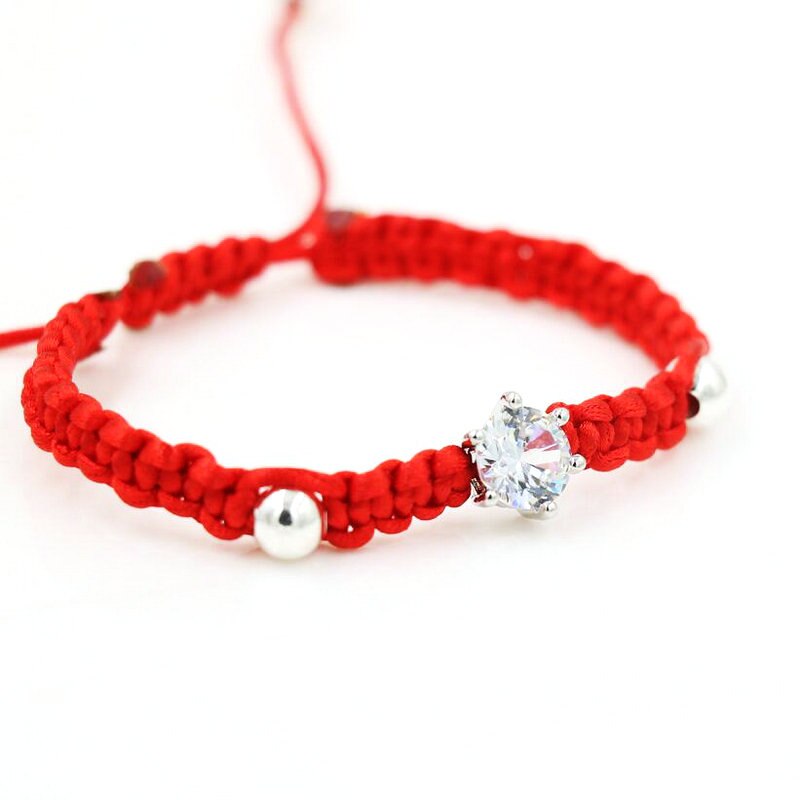 Bppccr Rood Touw Draad String Gevlochten Armbanden Vrouwen Meisjes Zilveren Kleur Kristallen Aaa Zirkoon Liefhebbers Chakra Armband Pulsears