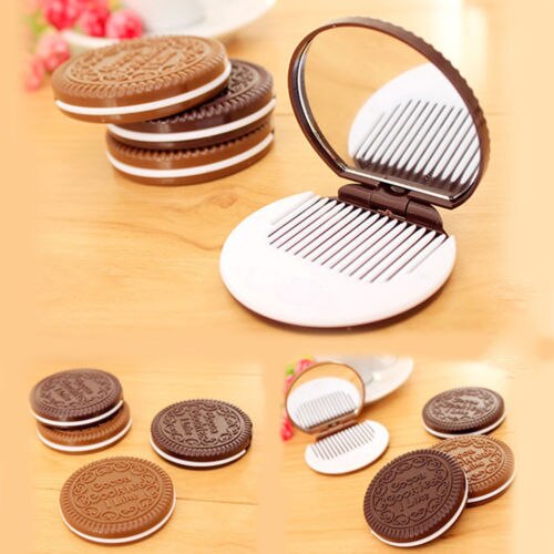 Mini Pocket Chocolade Cookie Koekjes Compacte Spiegel Met Kam Leuke Diepe Koffie Kleur