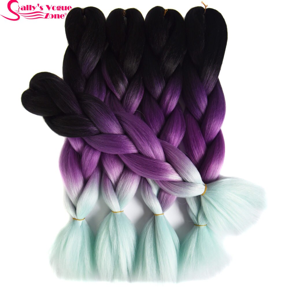 Sallyhair 24inch Ombre 3 Tone Black Purple Silver Grey Color Synthetic Braiding Hair Extension Colored Bulk Hair