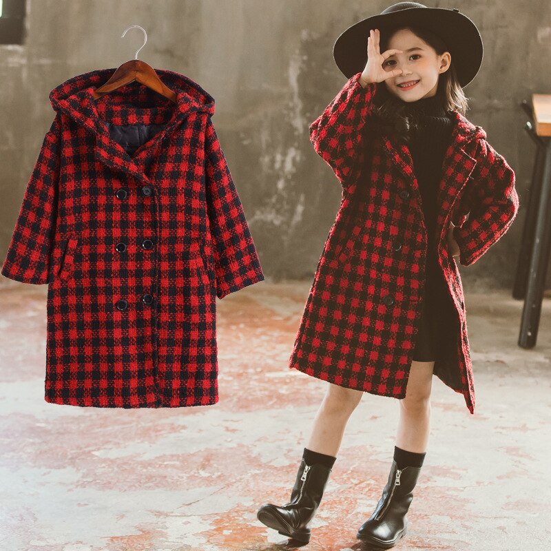 Meisjes dikke geruite jas koreaanse capuchon warme wollen windjack bovenkleding herfst winter 4-11 jaar: Rood / 11t