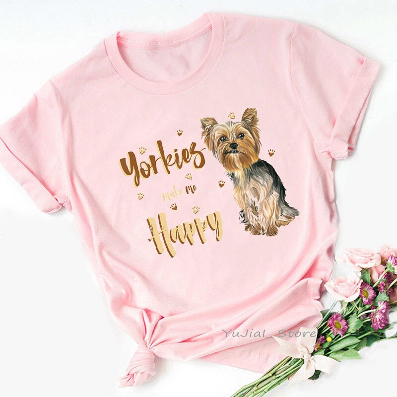 I Love My Yorkies Animal Print Tshirt Dameskleding Honden Lover Kawaii Kleding T-shirt Femme Harajuku Shirt Korte Mouw tops: M / Black