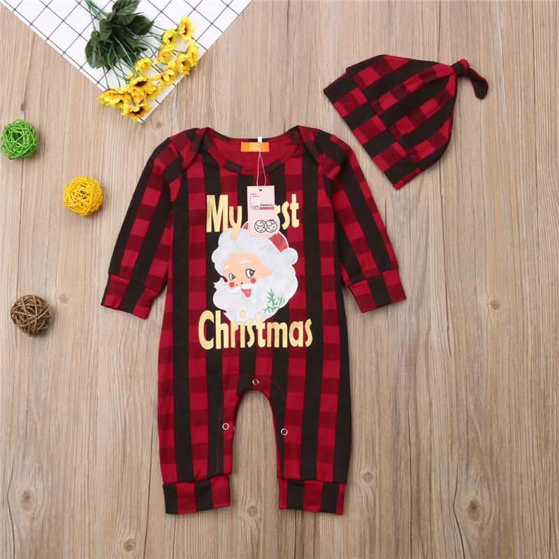 Emmababy MY First Christmas Baby Boy Girl Unisex Romper Plaid Clothes Outfits Leisure Child Girl Christmas Rompers