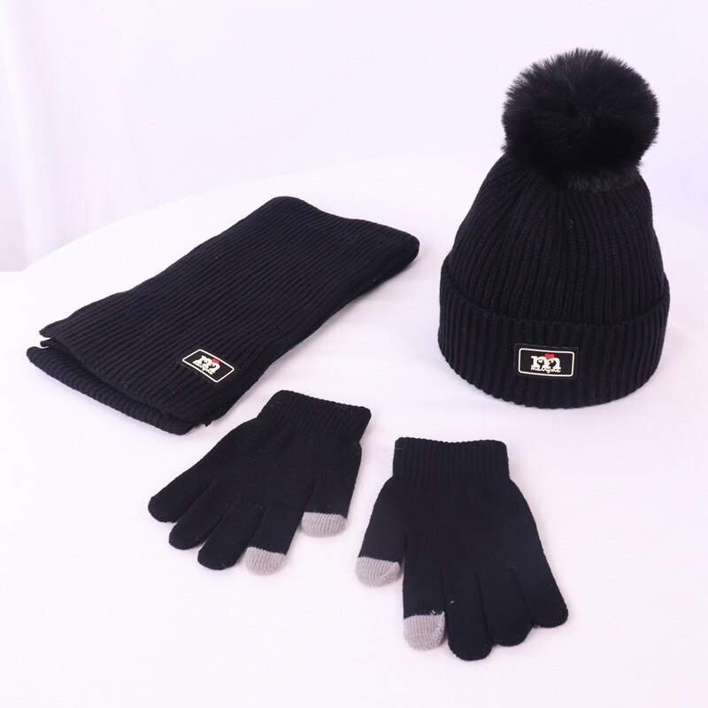Børns vinter / efterår uld tredelt sweater cap til drenge og piger strikket varm hat tørklæde handsker sæt: Tredelt sort