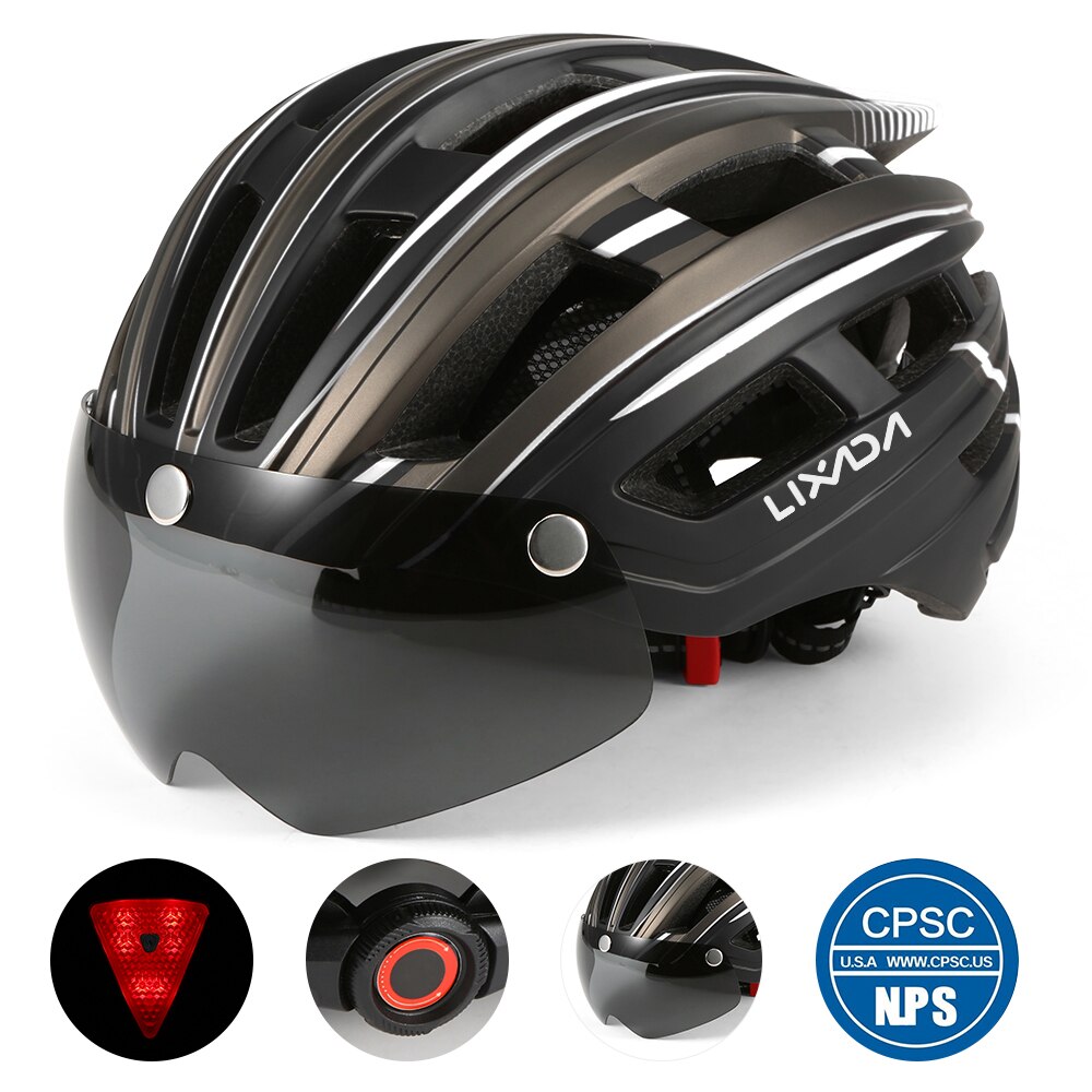 Lixada Mountain Bike Helmet Adjustable Bicycle Motorcycle Helmet with Back Light Detachable Magnetic Visor UV Protective Unisex: White grey