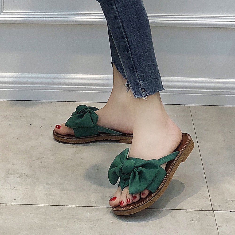 Summer Women Flip Flops Solid Color Bow tie Flat Heel Sandals Size 36-40 Outdoor Slipper Beach Shoes Female G2: Green / 40