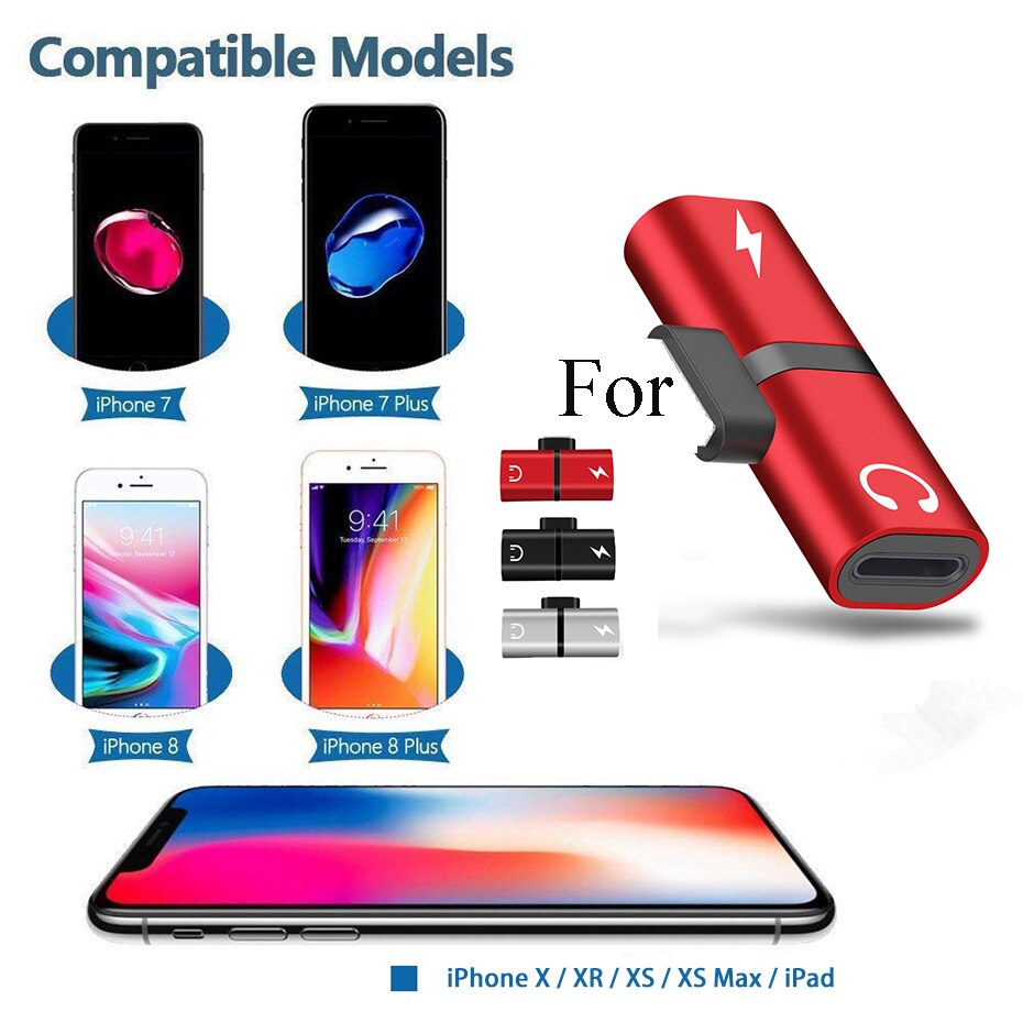 til iphone 7 8 Plus x xr lydlading dobbel adapter splitterkabel til lynkontakt til øretelefon aux-kabel-kontakt omformer