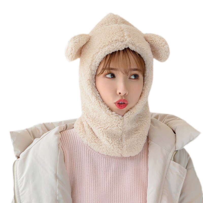 Vrouwen winter pluche warme capuchon muts sjaal schattige cartoon berenoren effen kleur thermische winddichte oorklep muts nekwarmer: Beige