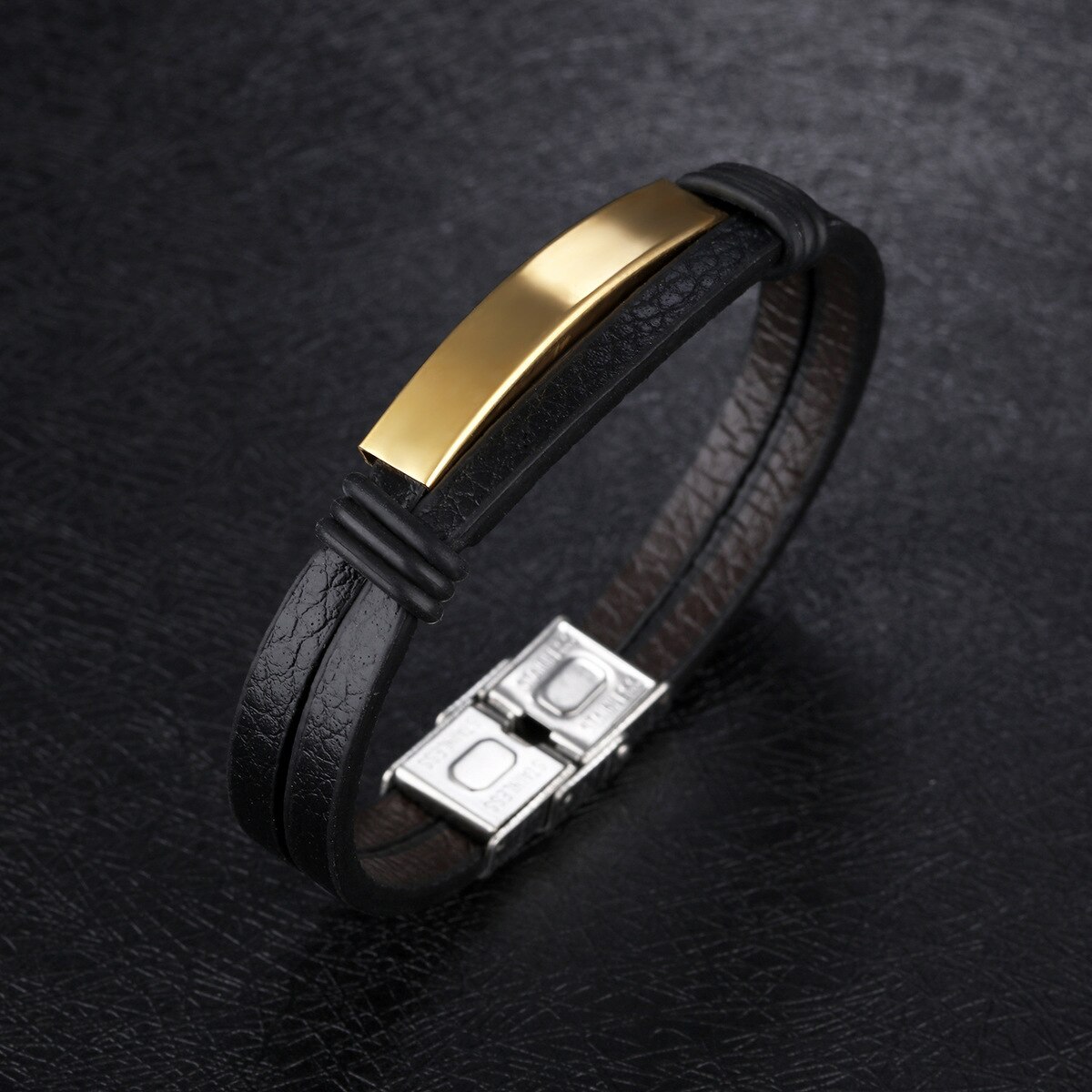 brazalete cruzado clásico de acero inoxidable y cuero de lujo para hombre: gold