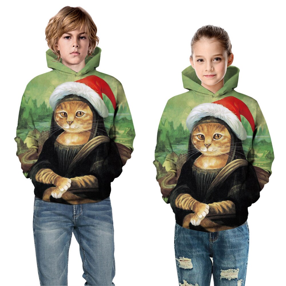 Suéter con capucha para niños, suéter con estampado Digital de gato de Navidad, ropa deportiva informal de manga larga, Otoño/Invierno,