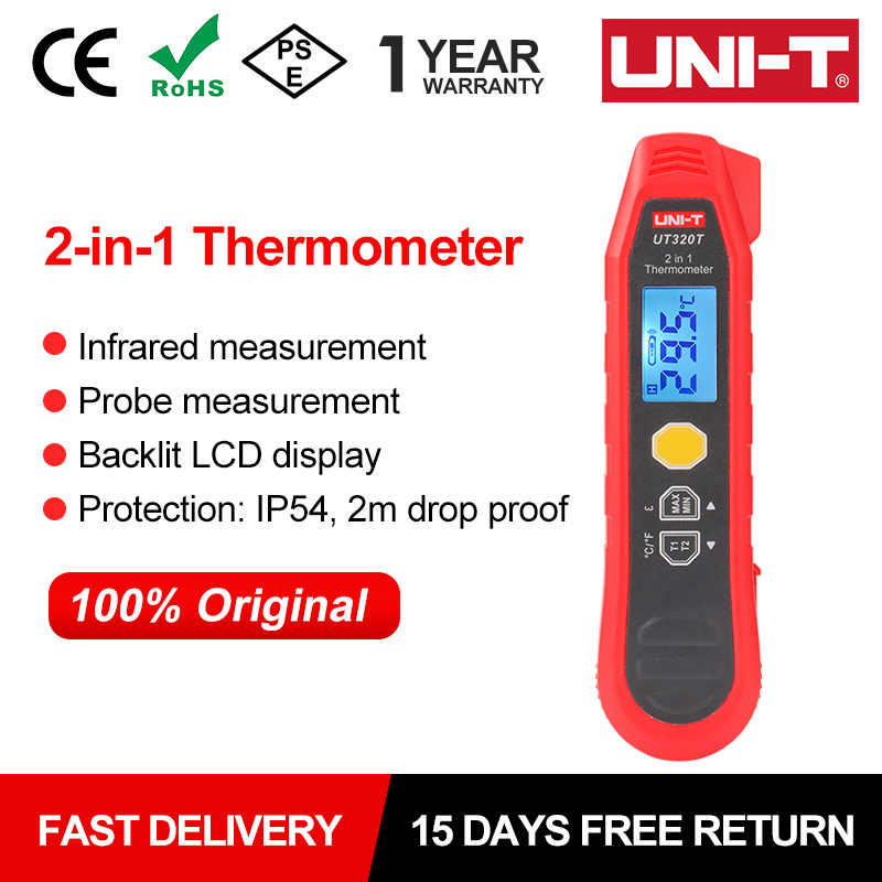 Termómetro Digital UNI-T UT320T 2 en 1, medidor de temperatura de alta precisión, infrarrojo y sonda, IP54