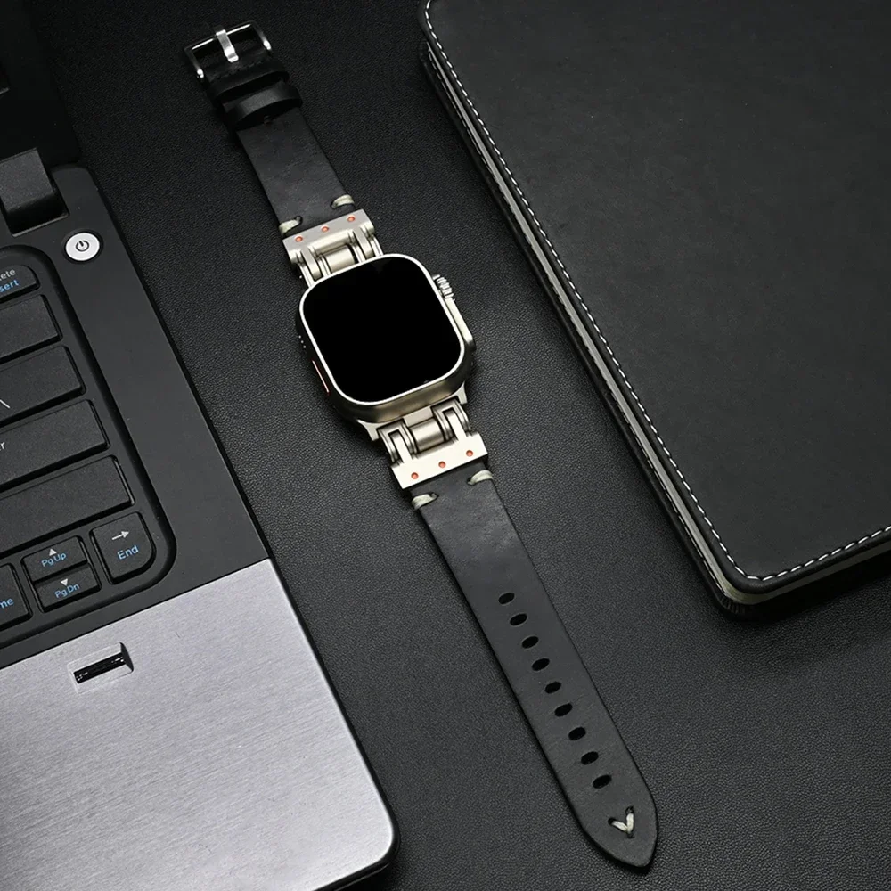 Bracelet de sport en cuir pour Apple Watch, Titanium Document Men Strap, IWatch Series 9 8 7 6 5 4 Se Ultra 2 Correa, 49mm, 45mm, 44mm, 42mm: Bleu Bleu Clair