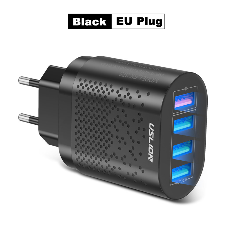 Uslion Eu/Us Plug Usb Charger 3A Quik Lading 3.0 Mobiele Telefoon Oplader Voor Iphone 11 Samsung Xiaomi 4 poort 48W Snel Muur Laders: EU Plug Black