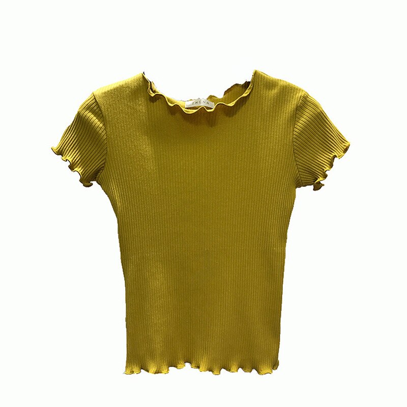Camiseta deportiva informal para mujer, Top de Yoga transpirable con volantes, Top de manga corta suave de Color sólido, camiseta elástica de uso diario para mujer: Yellow