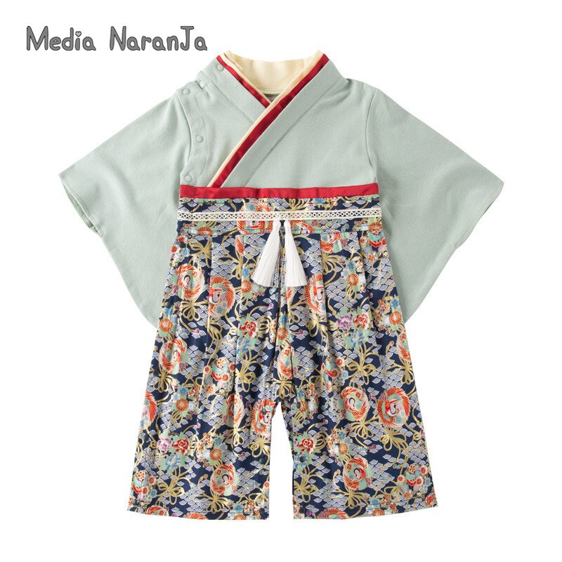 Jungen Frühling Herbst Lange Ärmeln Baby Gesamt Japanischen Stil Große Blume Gedruckt Kleidung Kimono Strampler