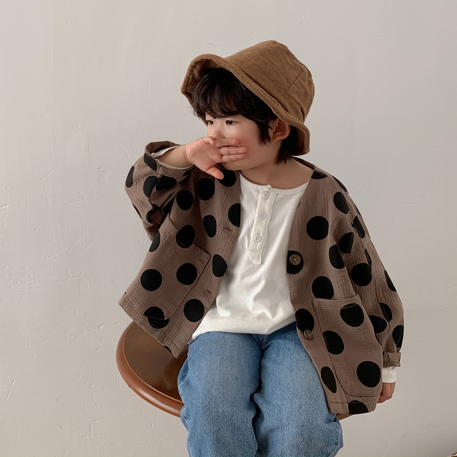 Spring 2022 korean style oversized dot long sleeve cardigans Boys casual loose cotton linen jackets coats