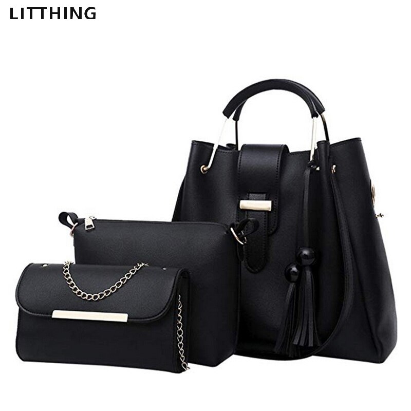 Litthing 2pcs/set Women Handbags Fashio Casual Luxury Handbags Shoulder Bags Bags Women Bag: black B-3PCS