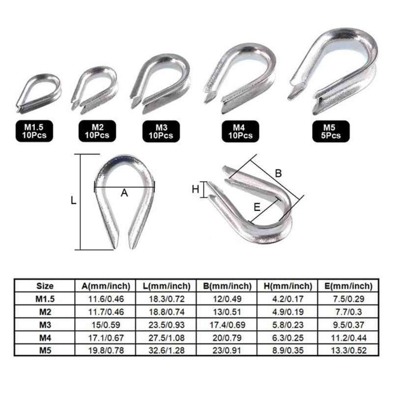 250Pcs 304 Stainless Steel Wire Rope Cable Thimbles Combo and Aluminum Loop 649E