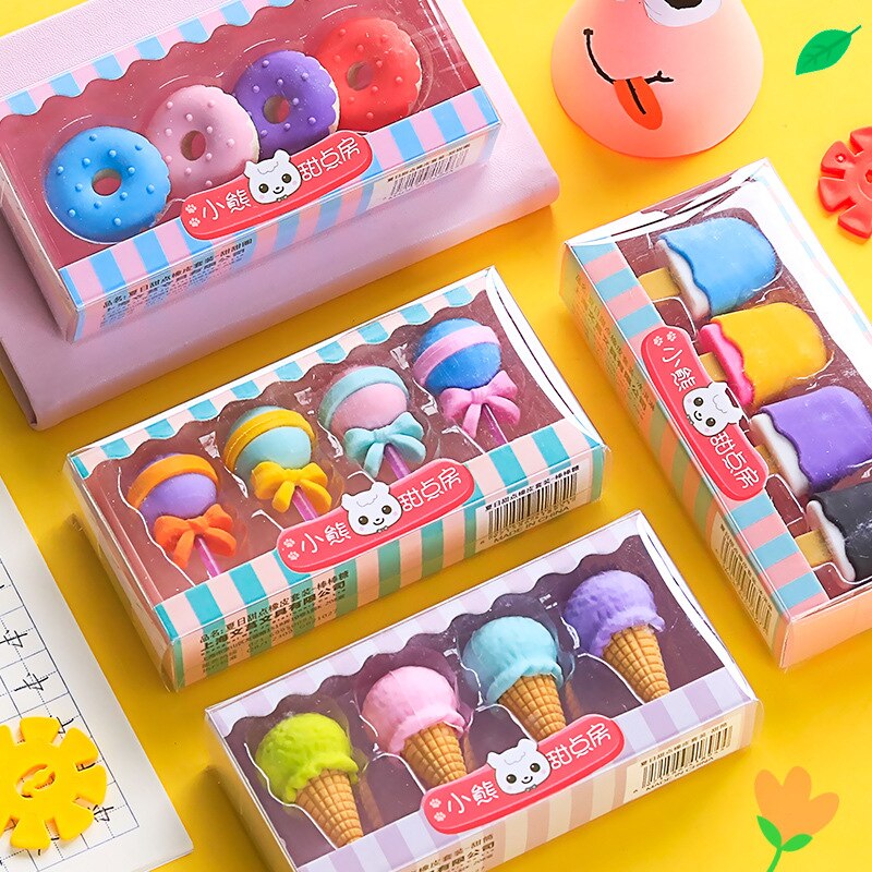 4 unids/pack lindo postre borrador conjunto encantador Lollipop helado Donuts de goma borrador de lápiz para los niños la fuente de la escuela