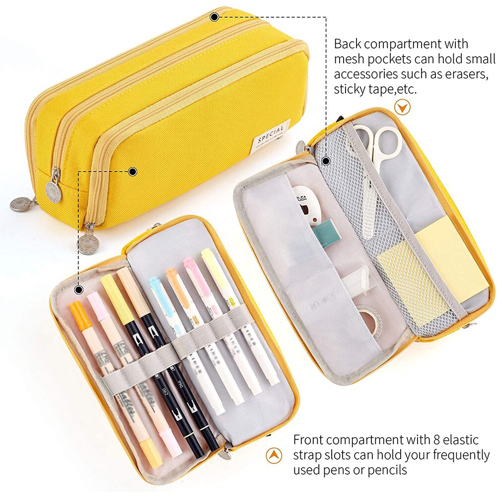 Pencil Case Multifunction Oxford Cloth 3 Compartments Pen Pouch With Zipper Big Storage Marker Bag For Students Stationery