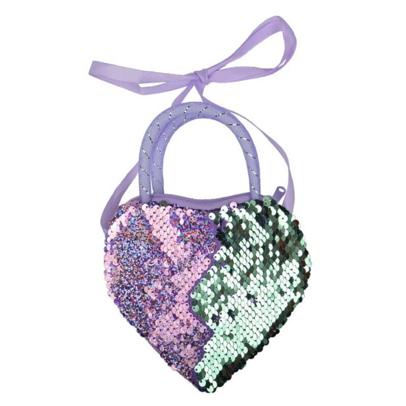 Sweet Girls Kid Sequin Heart Shaped Ribbon Long Strap Purse Coin Handbag Pocket Bag