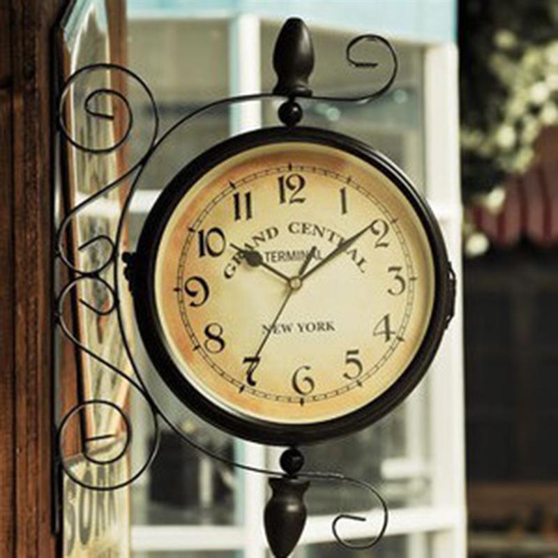 Reloj de pared lateral doble, de hierro, silencioso, Vintage, Estación Central, arte del reloj de pared, decorativo, de doble cara