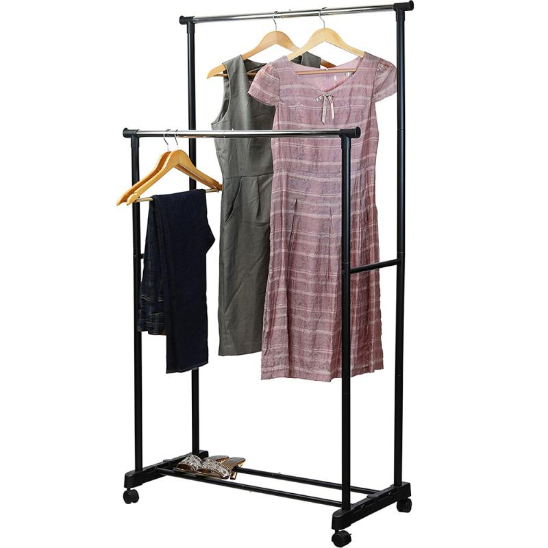 Double rod Hanger Support Simple Stretching Clothes Movable Assembled Coat Drying Rack Stand Adjustable Clothing Shelf HWC