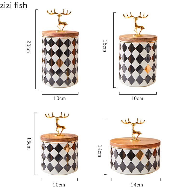 Ceramic Storage Jars Black and White Grid Porcelain Storage Jar Golden Deer Cover Tea Canister Coffee Pot Organizer
