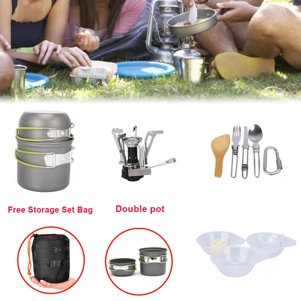 Draagbare Outdoor Picknick Wandelen Camping 1-2 Persoon Cookware Pot En Gasfornuis Combinate Fornuis