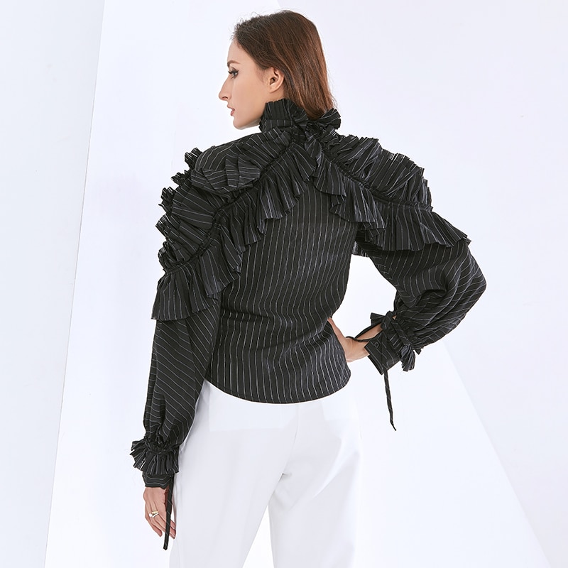 TWOTWINSTYLE-Blusa de manga larga con volantes para mujer, camisa con cuello levantado, estilo de ropa a la ,
