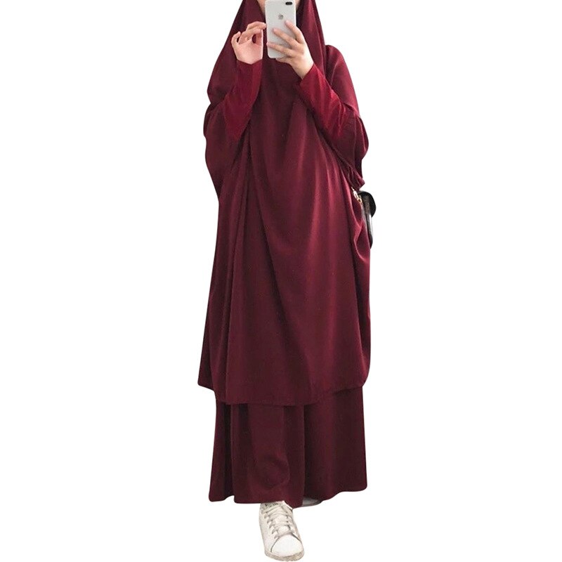 Eid hupullinen musliminaiset hijab mekko rukous vaate jilbab abaya pitkä khimar ramadan puku abayas hame setit islamilaiset vaatteet niqab: Viininpunainen