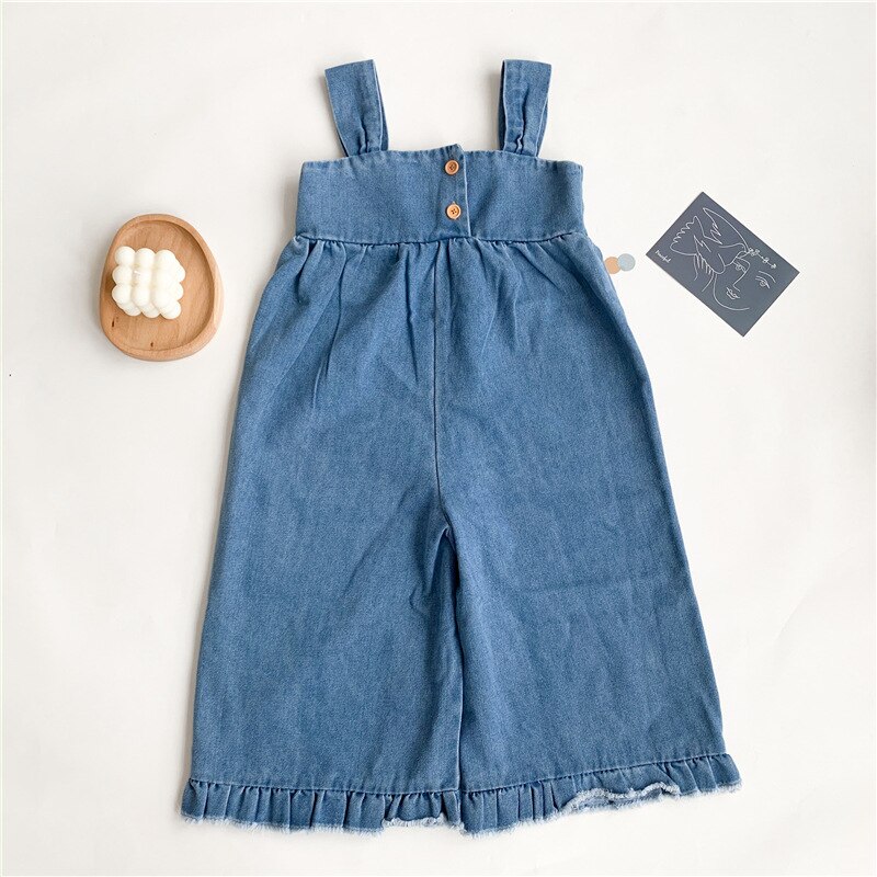 Primavera autunno stile coreano ragazze moda gamba larga increspature tuta di jeans bambini pantaloni larghi con bretelle larghe