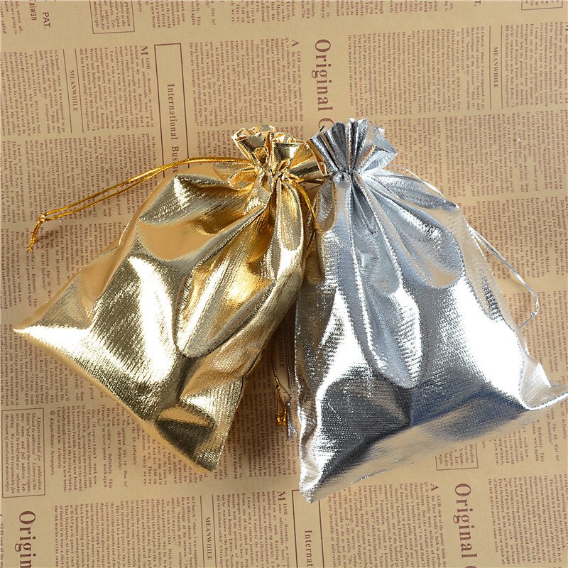 10 stks 9 Maten (5*7-20*30 cm) Bags Goud Zilver Kleur Drawable Organza Pouch Kerst Huwelijkscadeau Sieraden Craft Snoep Zakken
