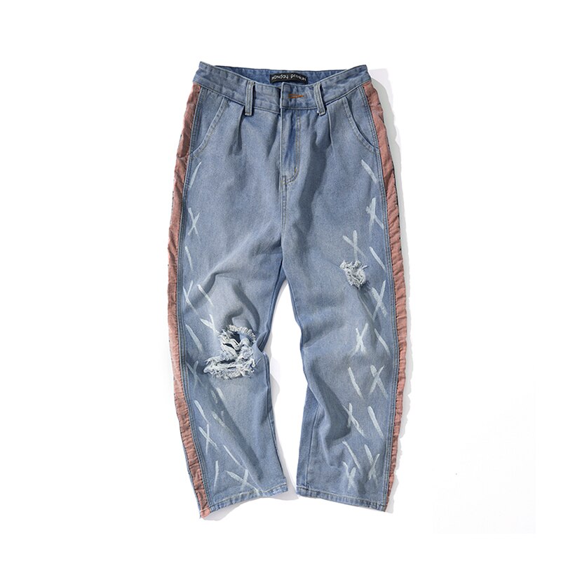 Hip hop graffiti ripped jeans stribede lige bukser uomo japansk streetwear kpop koreansk denim cargo bukser mænd: Rød / Xl