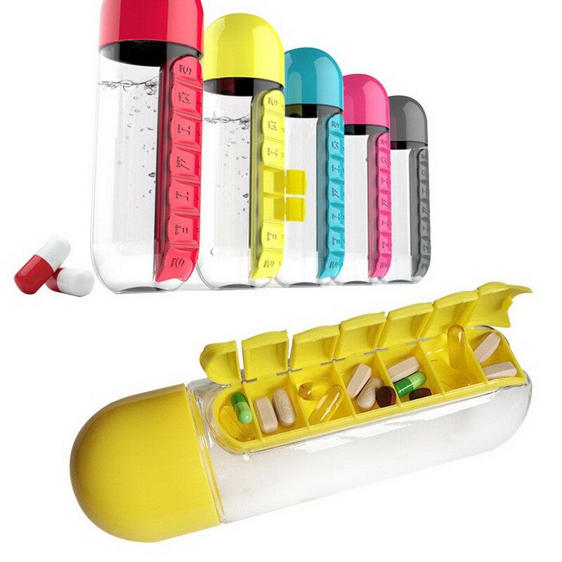 600 ML Draagbare Waterfles Sport Combinatie Dagelijkse Pillendoosje Organizer Drinken Sealed Lekvrij Plastic Fles