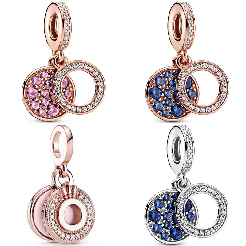 Vraie Rose Mousseux Logo & Couronne O Rose & Bleu Cristal Pendentif Perles 925 En Argent Sterling Charme Idéal Pour Bracelet Bijoux De