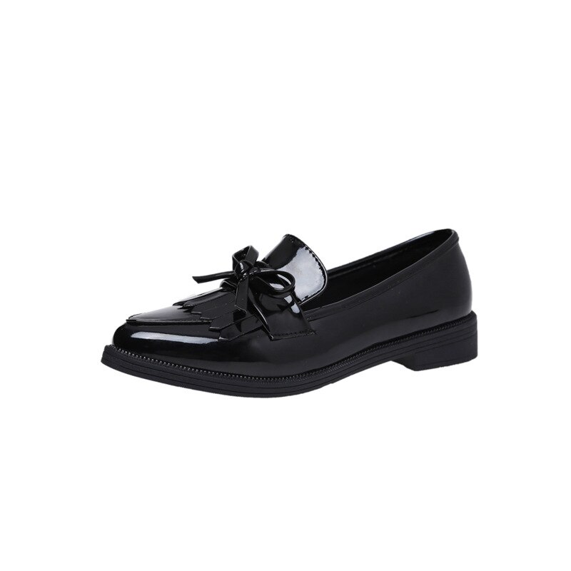 Tofs rosett knut kvinnor oxfords kvinnligt derby lädermärke casual spetsig tå slip on flats dam komfort höst brogue skor: Svart / 7.5