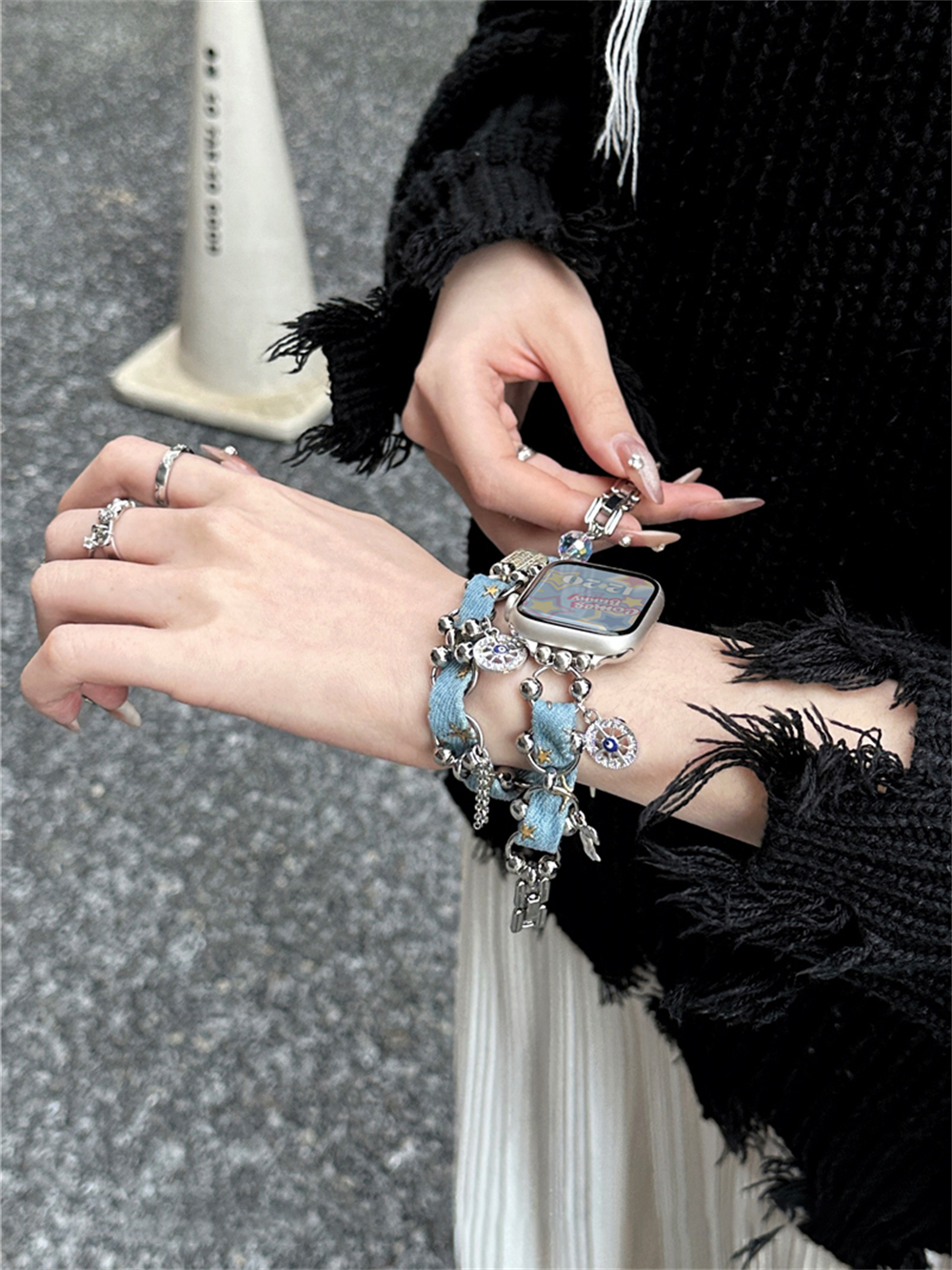Y 2K Star Hanger Denim Lederen Band Voor Iwatch Ultra 2 9 8 7 6 5 4 Se Meisje Pols Armband Bandje Voor Apple Watch 41 40Mm 45 38 49