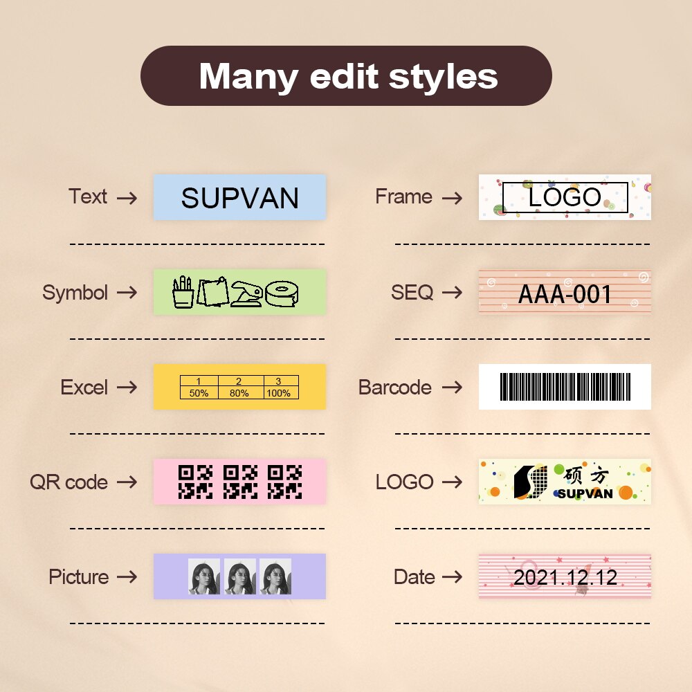 Supvan E10 Black Labeler with Paper Bluetooth Thermal Printer Labeling Machine Mini Sticker Printers Wireless Smart Label Maker