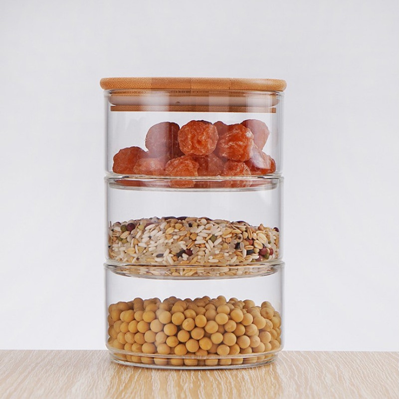 Stackable glass canisters set food storage jar containers with airtight seal bamboo lid