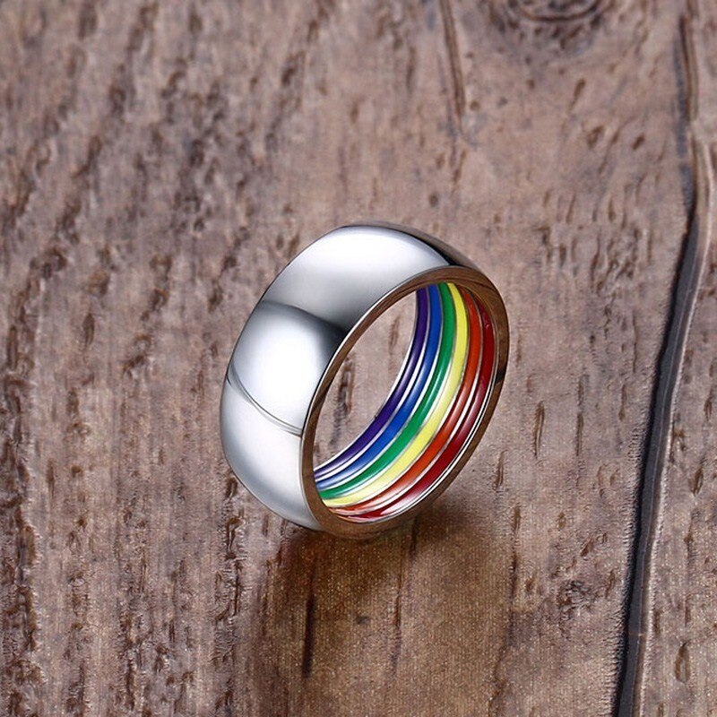 Innvendig regnbue lgbt ring for menn rustfritt stål bryllup band ring 8mm brede gay pride smykker