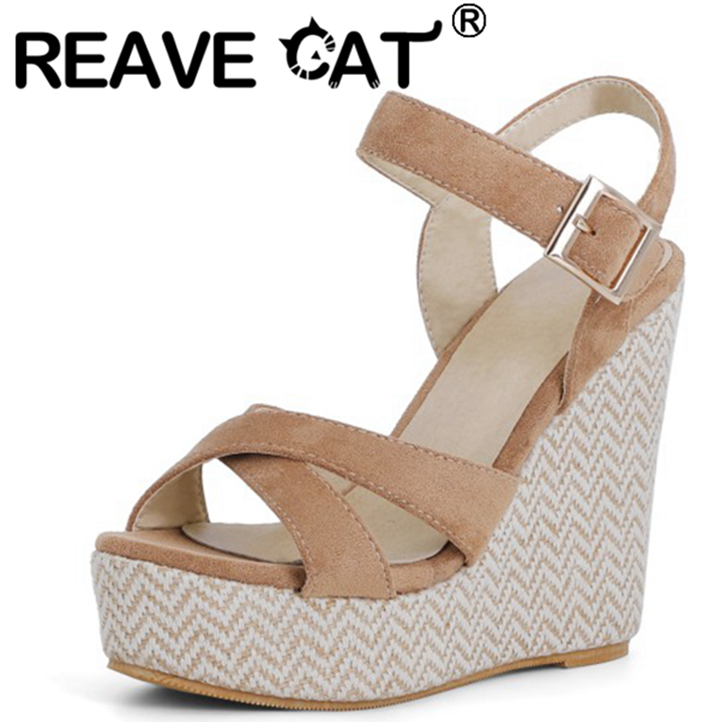 REAVE CAT Summer Slingbacks Open Toe Stretch Fabric Buckle Cross Strap 12.5cm Wedge Sandal With Platform Size 30-48 Hemp