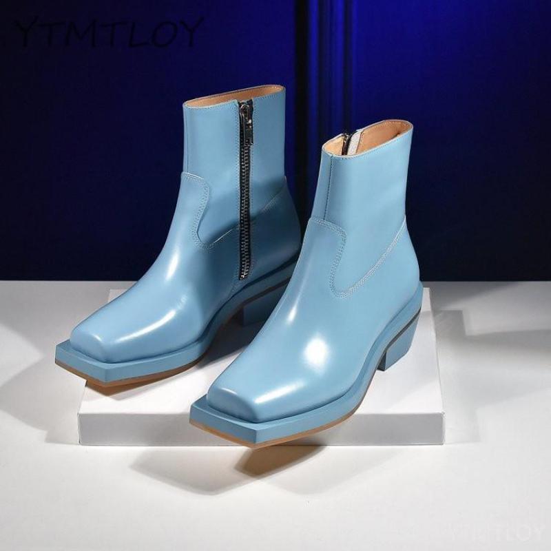 moto Western bottes femmes en cuir court talons hauts chaussons Botas cheville chaussures rétro bout carré fermeture éclair: Blue / 38