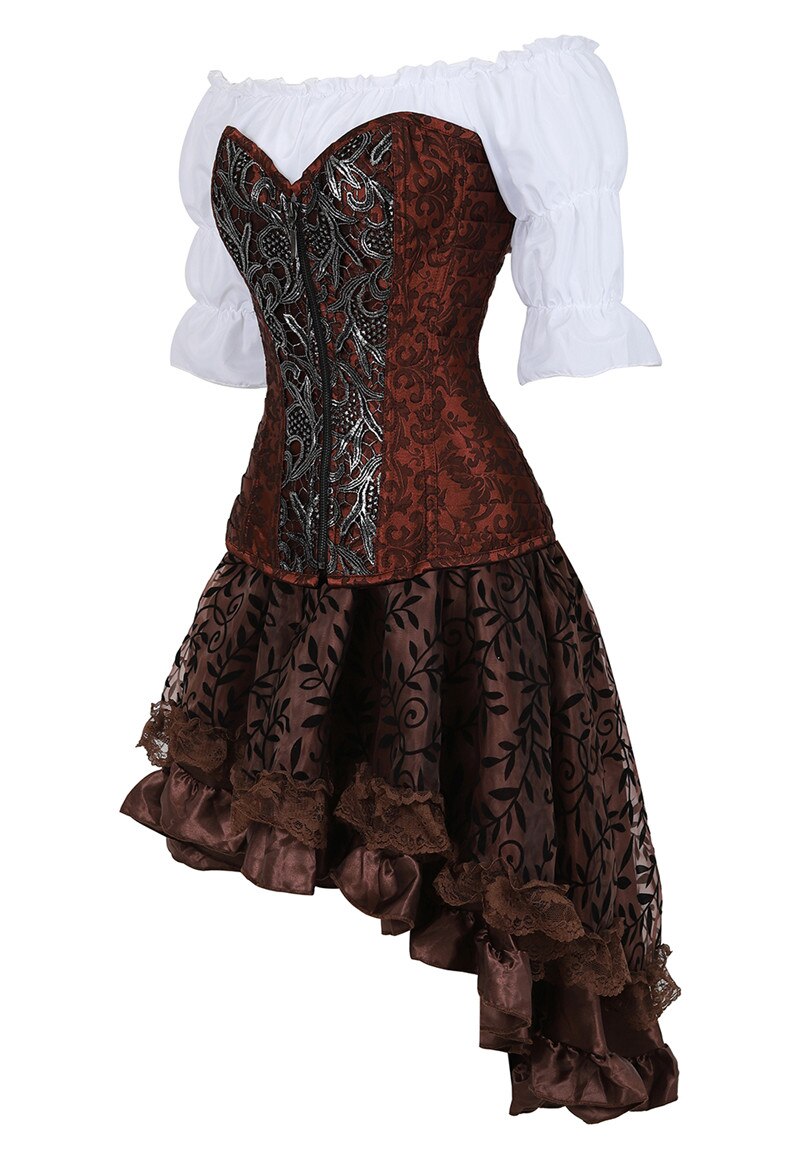 steampunk leather bustier corset dress burlesque corset skirt 3 piece set pirate lingerie plus size cosplay masquerade brown: XL