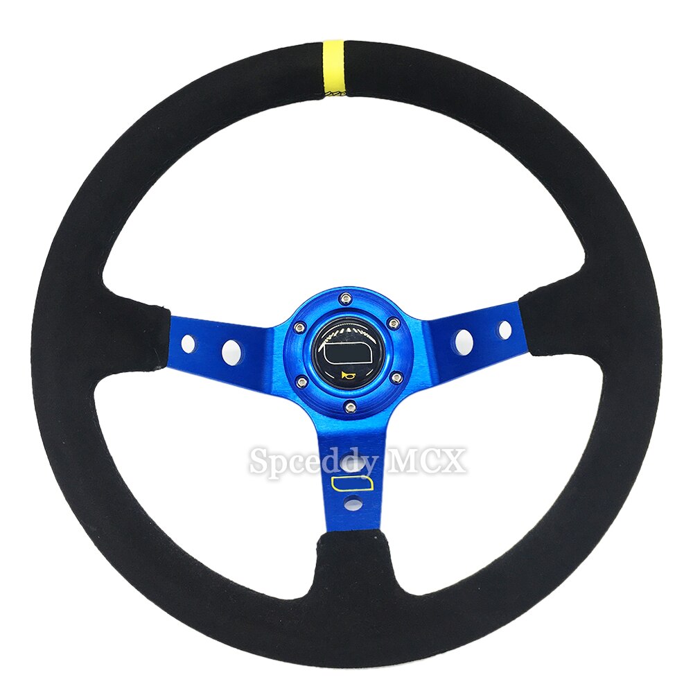 Om-sports-Volante de 14 pulgadas de cuero de ante para coche, volante con bocina, 6 agujeros, color negro y azul, 350mm: 3