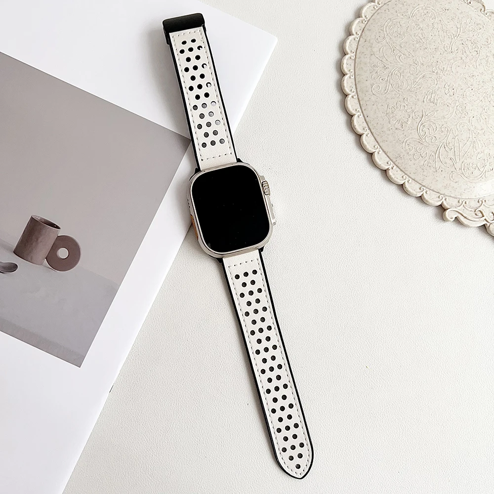 Magnetische band voor Apple Watch 10 Ultra 9 8 7 6 5 4 3 SE Ademende siliconen lederen band iWatch 49 mm 46 mm 42 45 41 mm 44 mm 40 mm: GREEN BLUE / 14mm