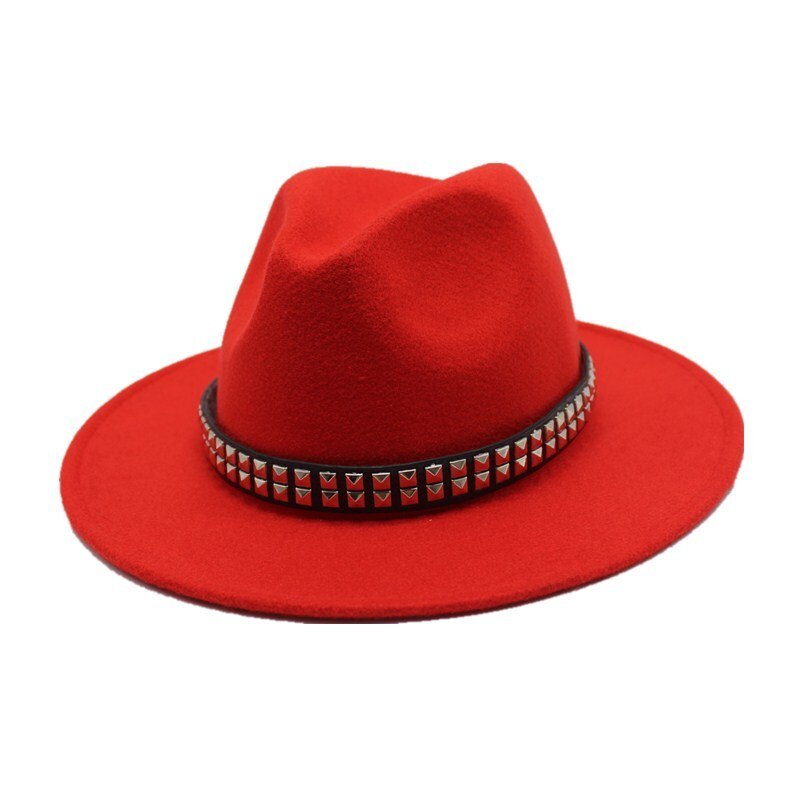 oZyc Autumn Winter wool Sun Hat Women Men Fedora Hat Classical Wide Brim Felt Floppy Wool100% Solid color Cap hats: red