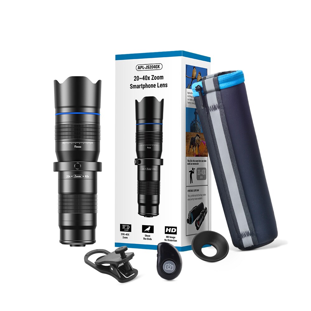 APEXEL 20X-40X Adjustable Zoom Telescope Lens Phone Camera Telephoto Mobile Lens Kit 2in1 Monocular+Selfie Tripod With Remote
