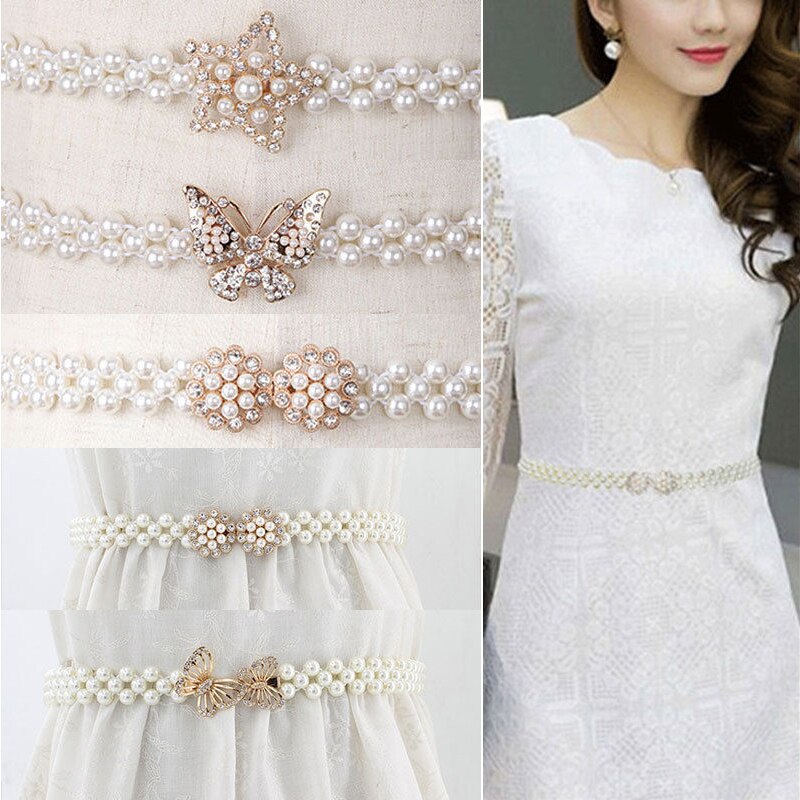 Volledige Parel Taille Ketting Mode Dames Kralen Elastische Riem Voor Vrouwen Jurk Strass Elastische Gordel Boog Bloemen Gesp Tailleband